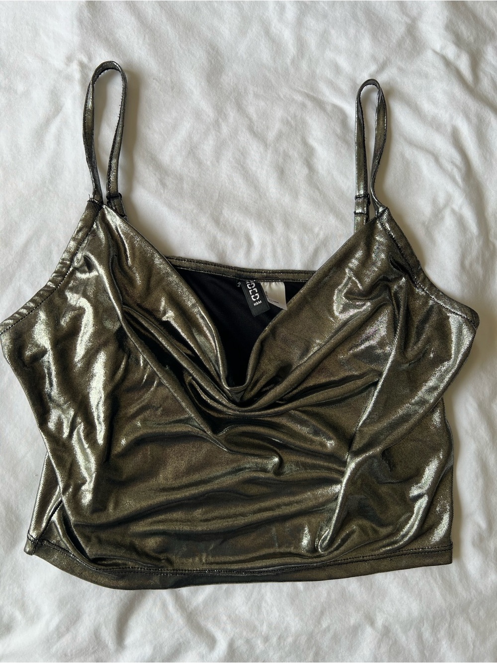 Divided Metallic Olive Cowl Crop Camisole